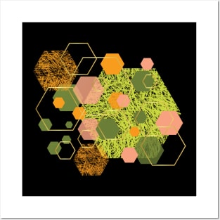 Green, orange, lemon, dusty pink, olive and gold geometrical hexagons Posters and Art